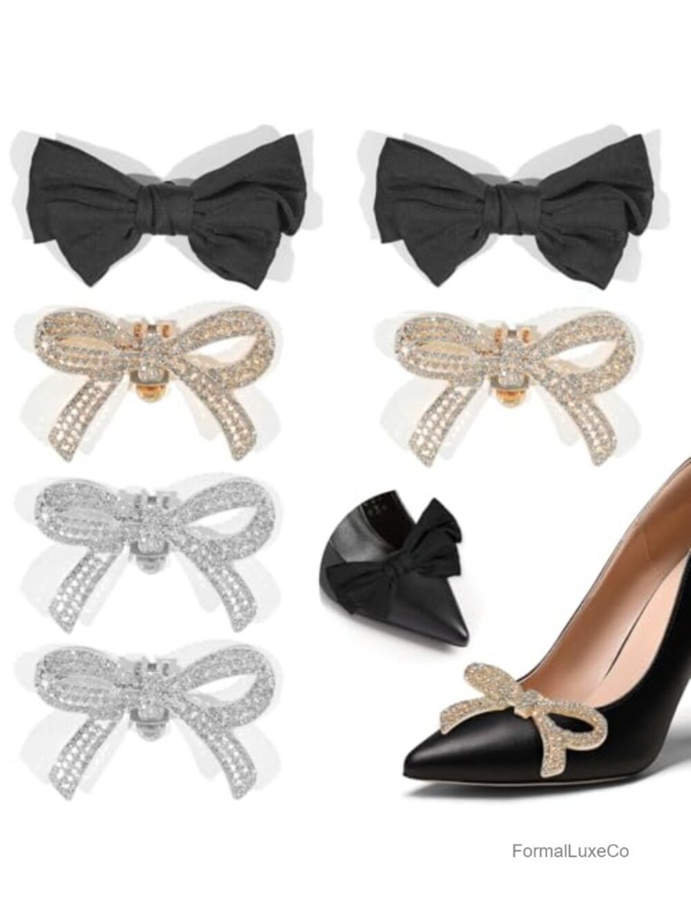 6Pc Detachable Bow Shoe Clips Rhinestone Charm Set for Heels Flats Bags